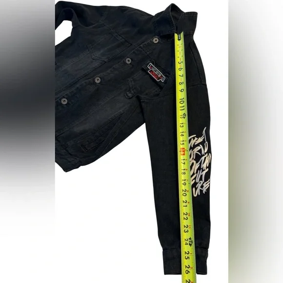 Graphic Black Denim Jacket Punk Streetwear moto Jean Jacket Angel Patch - Picture 14 of 16